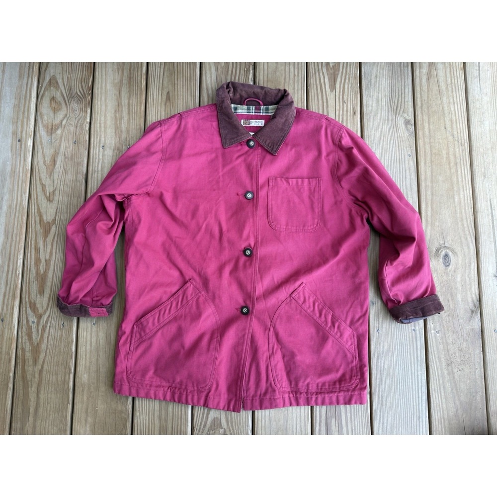 Vintage Chore Coat Womens Medium Canvas Plaid Lined Barn Field Workwear Burgundy